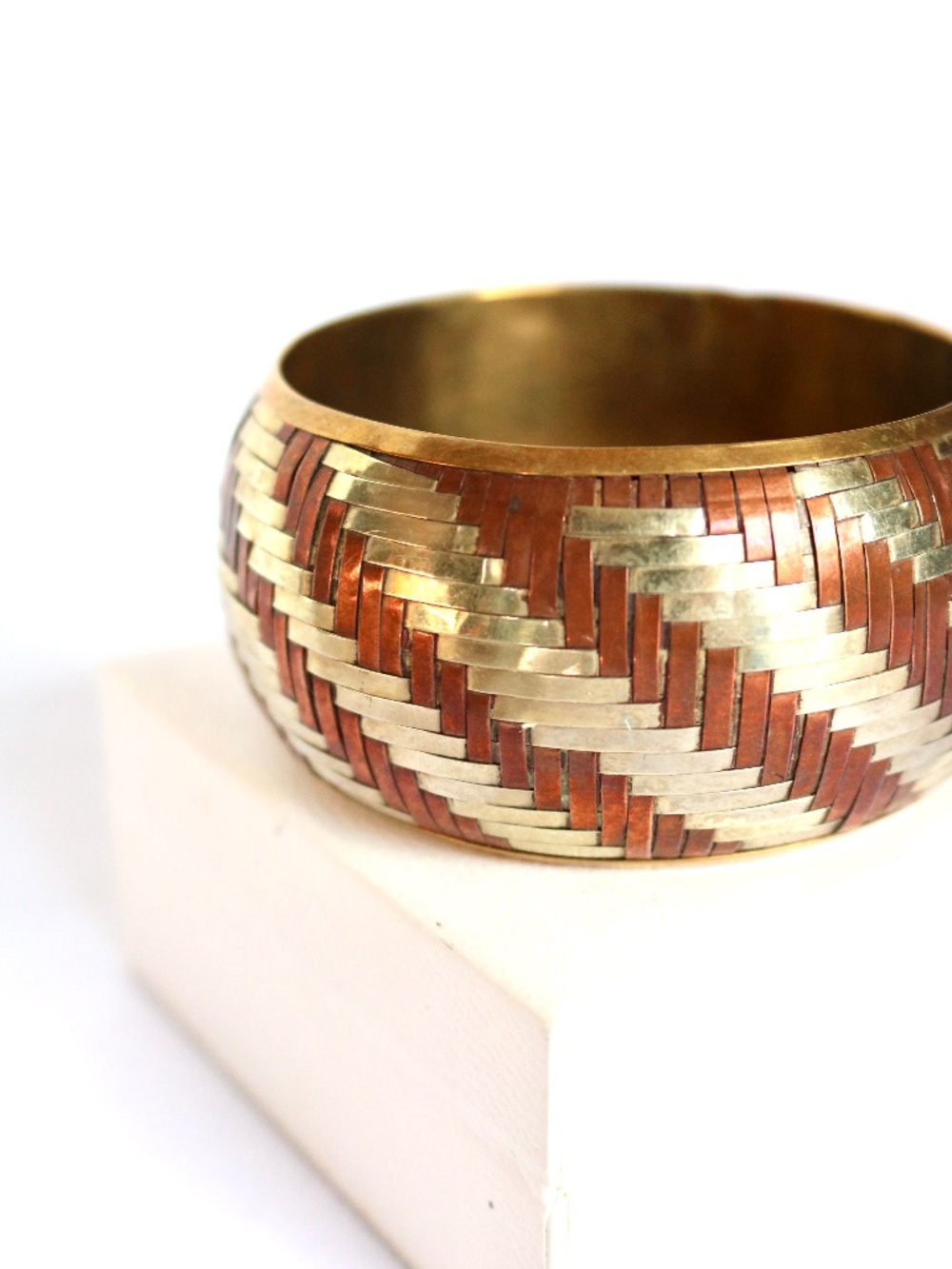 Mixed-metal Wide Bangle Bracelet Woven Basketweave Herringbone Brass Copper
